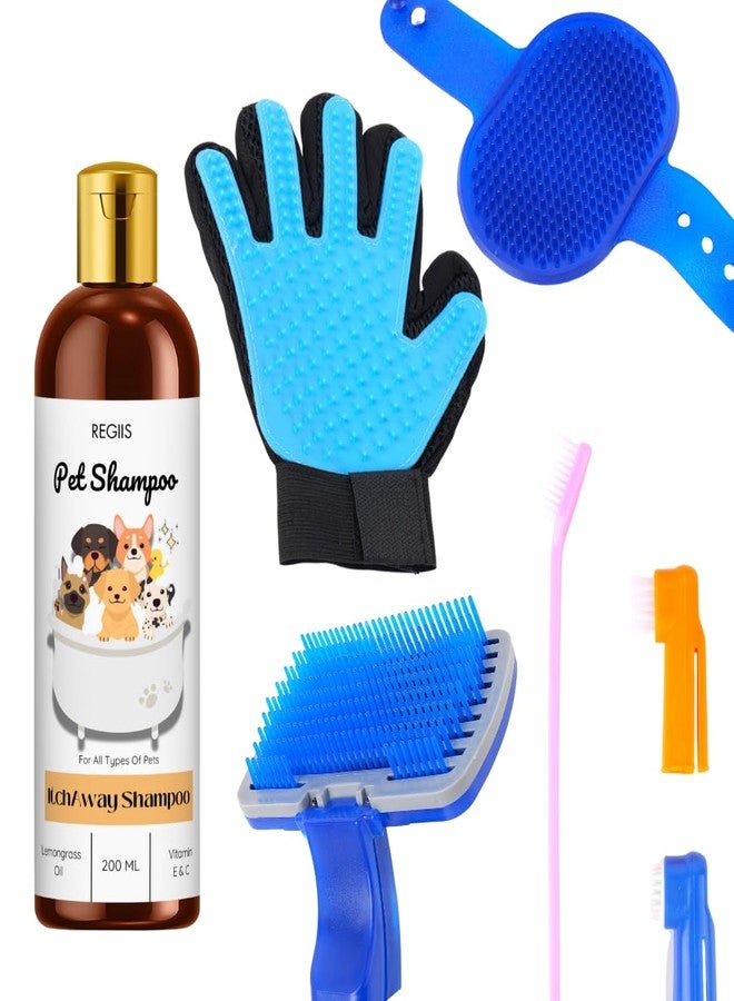 REGIIS Pet Grooming Kit with Shampoo, Blue Silicone Brush, Deshedding Glove, 200ml Lemongrass Oil and Vitamin E Dog Wash Set(Pack of 5) - Image 1